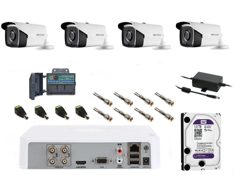 Gotowy do montażu monitoring HD-TVI Hikvision na 4 kamery tubowe i dysk 1TB