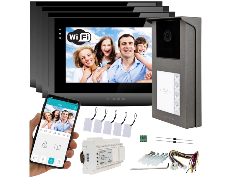 Wideodomofon 4 rodzinny Vidos 2IP 2 żyłowy M200B-X + S201-4 Sterowanie telefonem