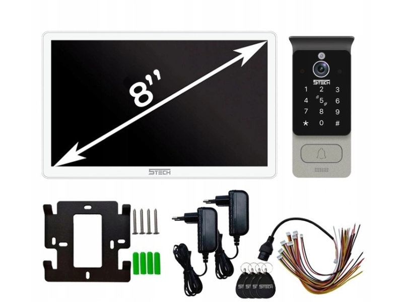 Wideodomofon 4-żyłowy 5Tech Verus 84228 monitor 8'' Podświetlany szyfrator, kąt widzenia 160°, czytnik zbliżeniowy Aplikacja Tyua