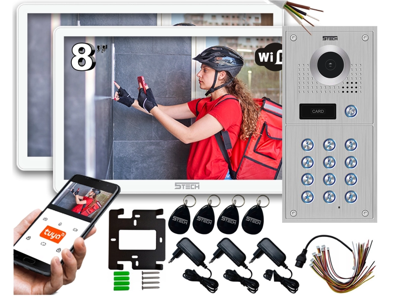 Wideodomofon Dwurodzinny WIFI 5tech 2 Białe Monitory 8" Stacja 84222-2 Android iOS Czytnik Kart Kąt 170°