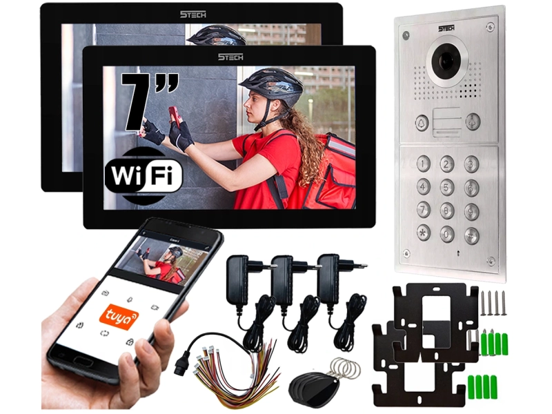 Wideodomofon Dwurodzinny WIFI 5tech 2 Monitory 7" Stacja 84222-2 Android iOS Czytnik Kart Kąt 170°