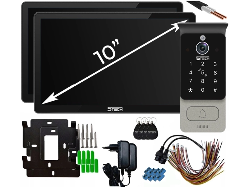 wideodomofon 2-przewodowy 5Tech 2 duże monitory 10'' Virgo Plus Stacja 82228 Szyfrator Czytnik zbliżeniowy Aplikacja Tyua