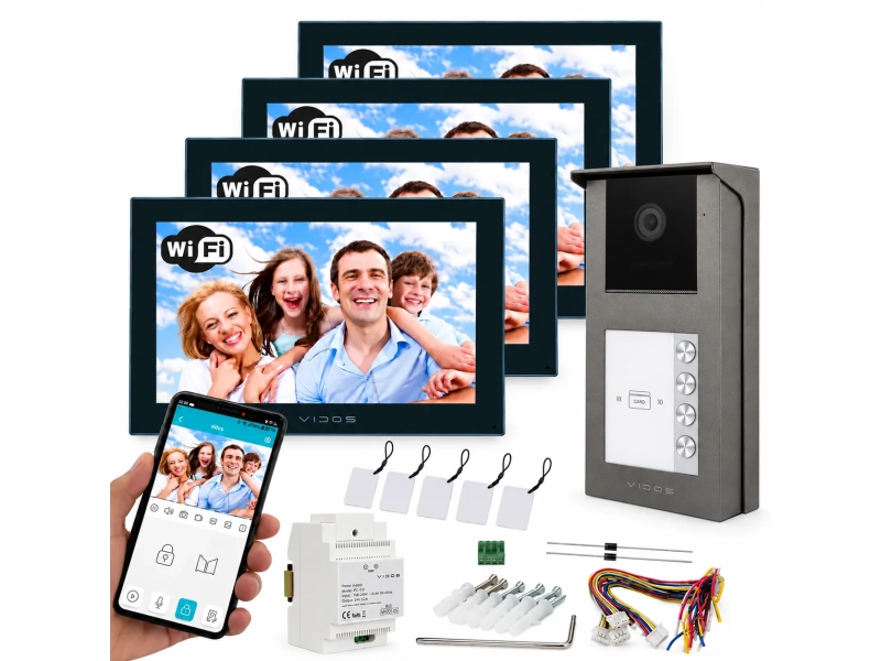 Wideodomofon Czterorodzinny Vidos 2IP na 4 Monitory 7" M205B-X Wifi + Stacja S201-4