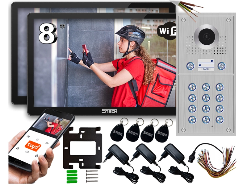 Wideodomofon Dwurodzinny WIFI 5tech 2 Monitory 8" Stacja 84222-2 Android iOS Czytnik Kart Kąt 170°