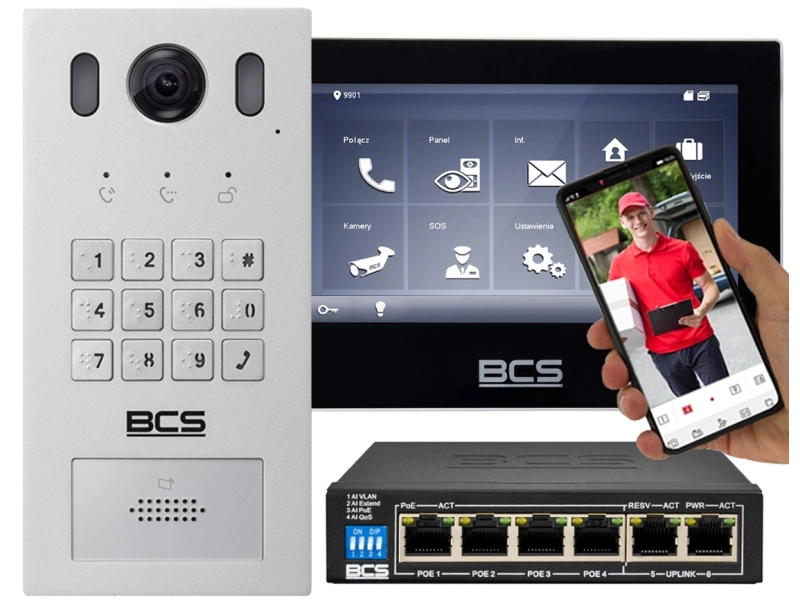 Wideodomofon IP POE po skrętce Stacja BCS-PAN1601S-S Monitor BCS-MON7700B-S Aplikacja Szyfrator Czytnik