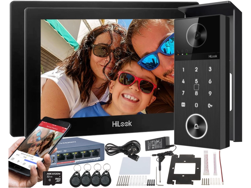 Wideodomofon IP HiLook by Hikvision zestaw IP-VIS-PRO-K/2-Monitors Kamera 2K 4Mpx WiFi Szyfrator Czytnik Breloków Mifare