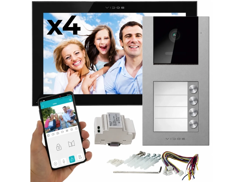 Wideodomofon czteroabonentowy Vidos X M14B-X + S11-4 Duże monitory WiFi Android Podczerwień RFID MicroSD