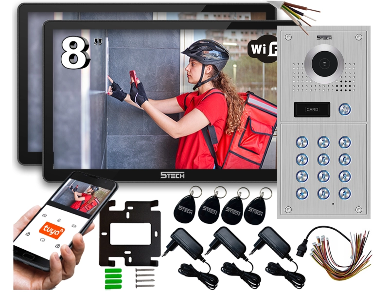 Wideodomofon WIFI 5tech 2 Monitory 8" Stacja 84222 Android iOS Czytnik Kart Kąt 170°