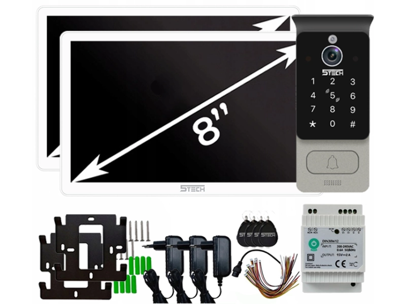 Wideodomofon jednorodzinny na furtkę i bramę 5Tech Verus 84228 DIN 2x monitor 8'' Szyfrator, czytnik zbliżeniowy Aplikacja Tyua