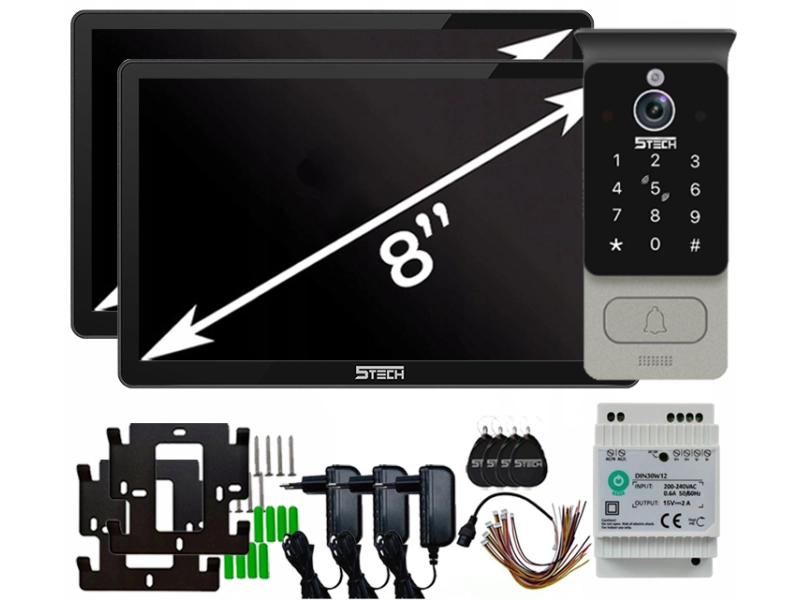 Wideodomofon jednorodzinny na furtkę i bramę 5Tech Verus 84228 DIN 2x monitor 8'' Szyfrator, czytnik zbliżeniowy Aplikacja Tyua