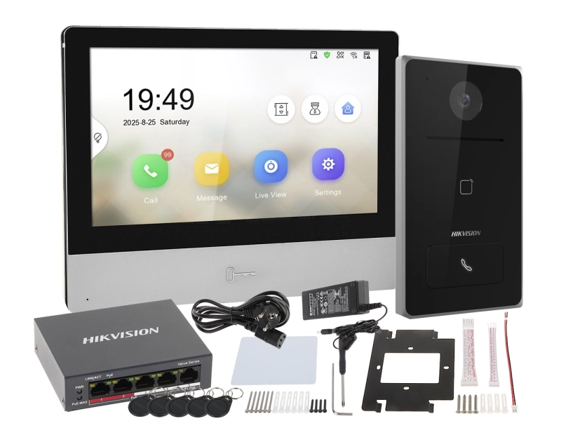 Wideodomofon Hikvision zestaw IP DS-KH8350-WTE1 + DS-KV6133-WME1/SU Kamera 2Mpx z szerokim kątem widzenia ok. 129° Czytnik Zbliżeniowy + Breloki
