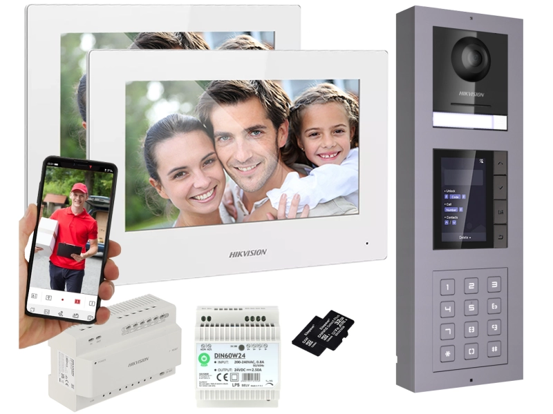 MODUŁOWY Wideodomofon HIKVISION 2-żyłowy 3 DOTYKOWE MONITORY STACJA NATYNKOWA z KAMERĄ 2Mpx Podświetlanym SZYFRATOREM i WYŚWIETLACZEM LOKATORÓW