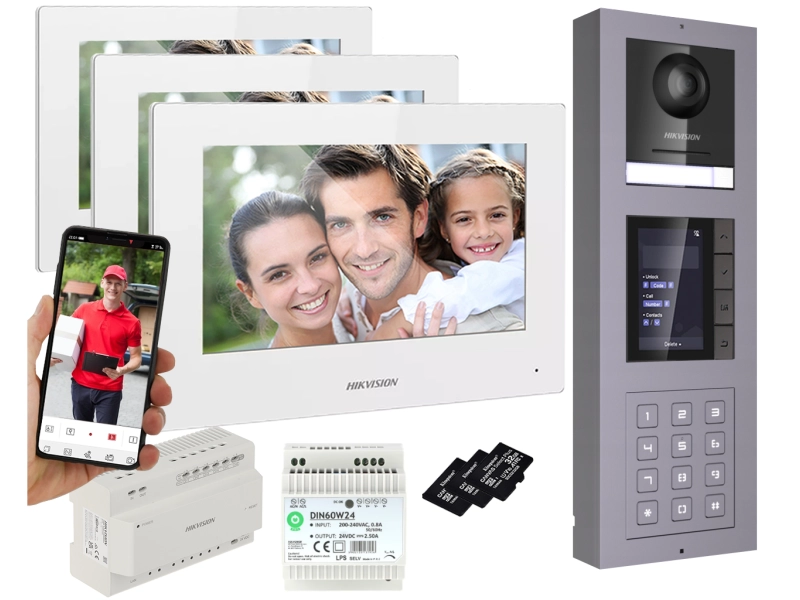 MODUŁOWY Wideodomofon HIKVISION 2-żyłowy 3 DOTYKOWE MONITORY STACJA NATYNKOWA z KAMERĄ 2Mpx Podświetlanym SZYFRATOREM i WYŚWIETLACZEM LOKATORÓW