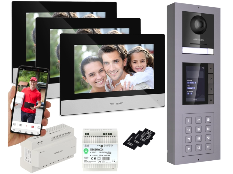Wideodomofon Hikvision 2-żyłowy 3 Monitory STACJA NATYNKOWA z KAMERĄ 2Mpx Podświetlanym SZYFRATOREM i WYŚWIETLACZEM LOKATORÓW