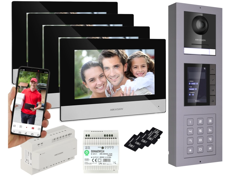 Wielomieszkaniowy Wideodomofon HIKVISION 2-żyłowy 4x Monitor, Modułowa STACJA NATYNKOWA z KAMERĄ 2Mpx Podświetlanym SZYFRATOREM i WYŚWIETLACZEM LOKATO