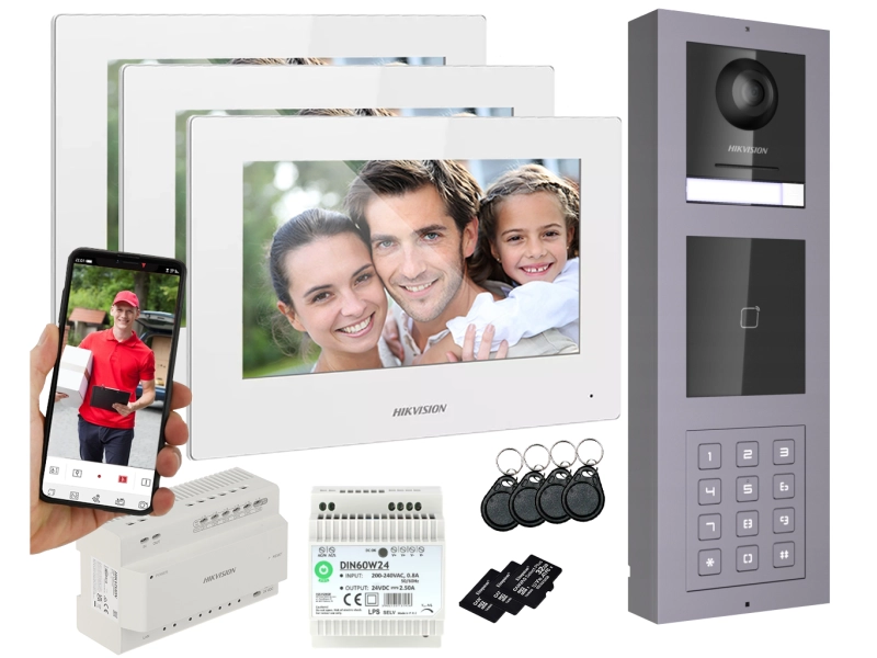 Wideodomofon 2-żyłowy Hikvision 3 Monitory Stacja Bramowa z KAMERĄ 2Mpx Podświetlanym SZYFRATOREM I CZYTNIKIEM KART ŻBLIŻENIOWYM