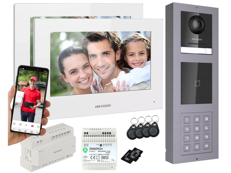 Wideodomofon 2-żyłowy Hikvision 2 Monitory Stacja Bramowa z KAMERĄ 2Mpx Podświetlanym SZYFRATOREM I CZYTNIKIEM KART ŻBLIŻENIOWYM