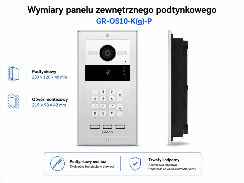 Wideodomofon IP Greon GR-IS2IPS + GR-OS10K-P Podtynkowy Android 10 WiFi Tuya RFID