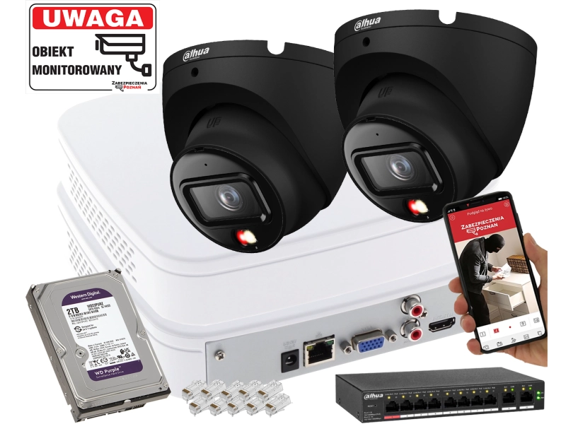 Mały zestaw monitoringu 2x kamera IP Dahua IPC-HDW1639T-A-IL-0280B-S6 BLACK 6Mpx SMD człowiek + Smart Dual Light + Full-Color