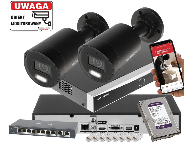 Zestaw 2 kamer IP HIKVISION DS-2CD2063G2-LI2U-BLACK 6Mpx Pełna Analityka Acusense + Switch PoE