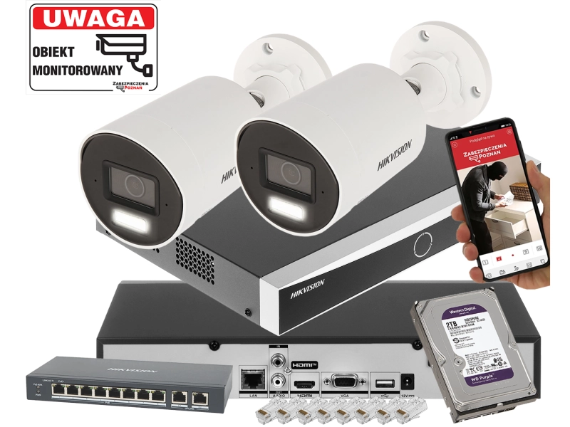 Zestaw 2 kamer IP do domu Hikvision DS-2CD2063G2-LI2U ACUSENSE 6Mpx Pełna Analityka Acusense + Switch PoE