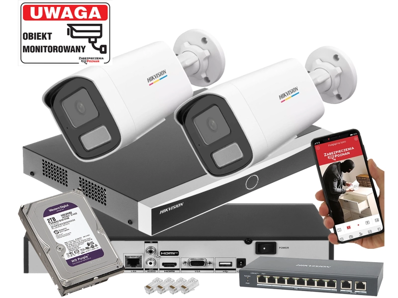 Zestaw 2 kamer tubowych IP Hikvision z możliwością rozbudowy do 8 kamer DS-2CD1T47G2H-LIU 4Mpx ColorVu, Smart Hybrid Light, Detekcja ruchu MD 2.0