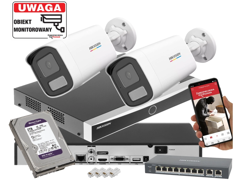 Zestaw 2 kamer tubowych IP Hikvision z możliwością rozbudowy do 8 kamer DS-2CD1T67G3-LIU 6Mpx ColorVu, Smart Hybrid Light, Detekcja ruchu MD 3.0