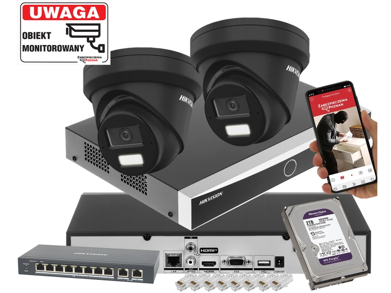 Zestaw 2 kamera kopułowa IP DS-2CD2363G2-LI2U(BLACK) 6Mpx AcuSense Smart Hybrid Light 2-Mikrofony