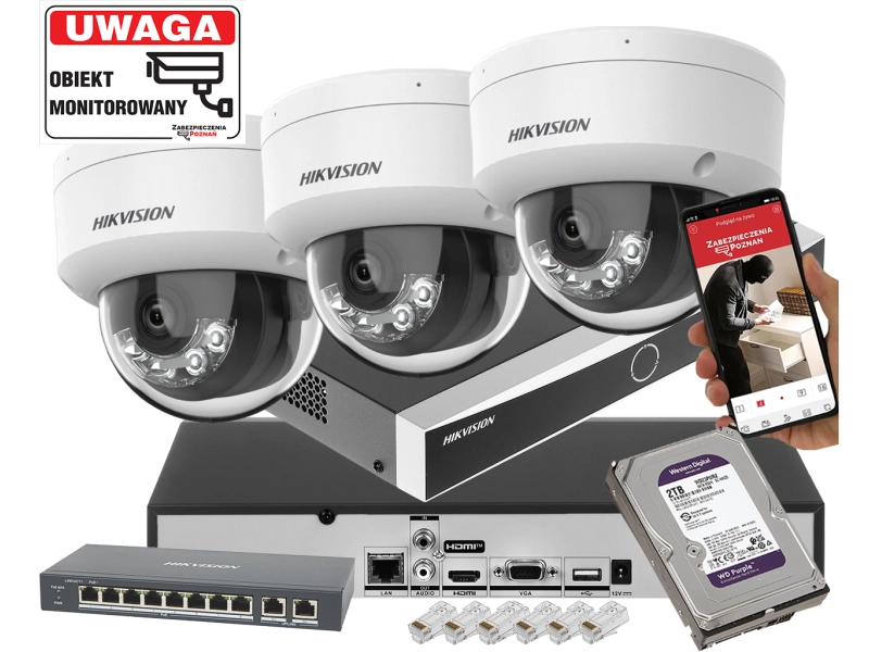 Zestaw kamer kopułowych IP Hikvision 3x DS-2CD1143G2-LIU 4Mpx Podwójny oświetlacz IR+LED Detekcja 2.0