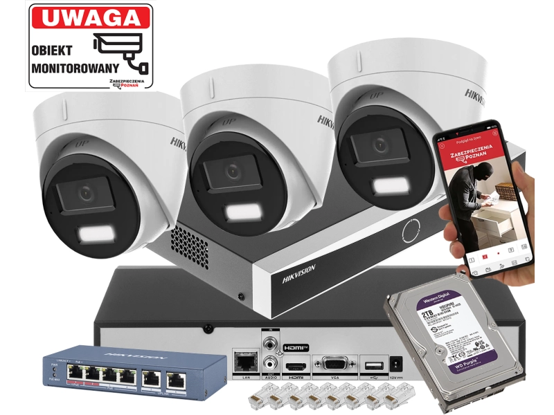 Zestaw 3 kamery IP HIKVISION DS-2CD1361G2-LIU 6MPx z rejestratorem DS-7604NXI-K1 Acusense POE