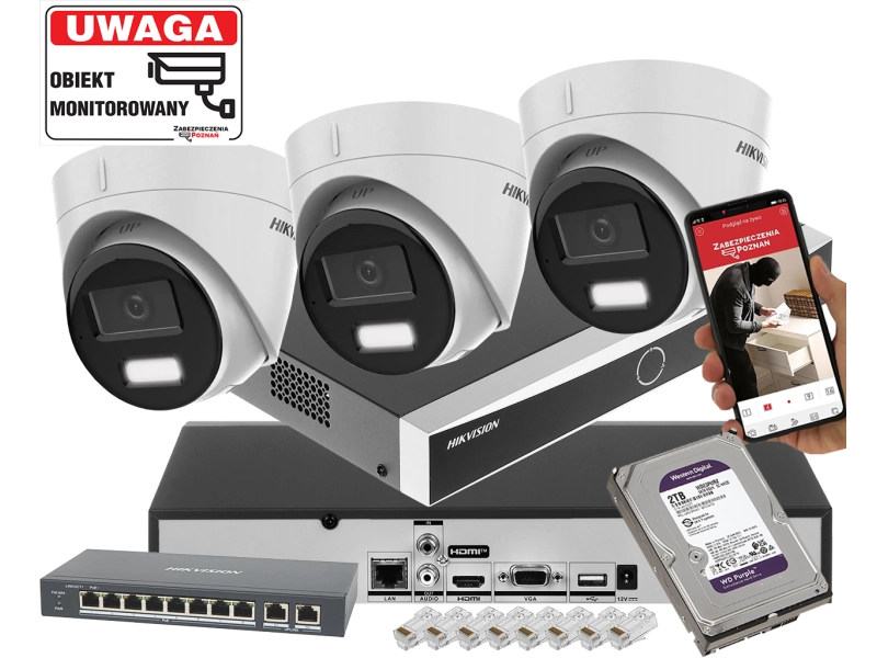 Zestaw 3 kamery IP HIKVISION DS-2CD1363G2-LIU 6MPx z rejestratorem DS-7608NXI-K1 Acusense POE