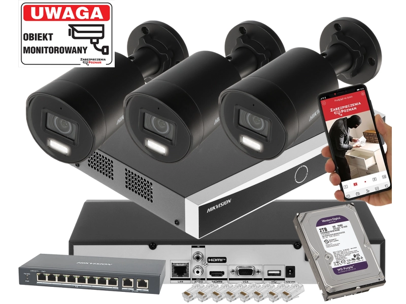 Zestaw 3 kamer IP HIKVISION DS-2CD2083G2-LI2U BLACK 8Mpx Pro Series - Smart Hybrid Light + AcuSense