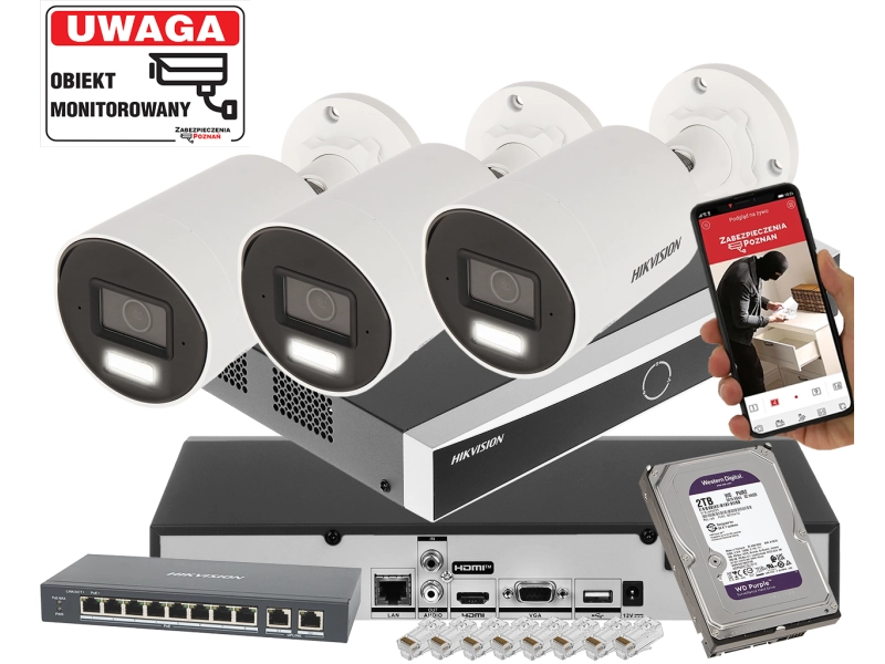 System 3 kamera IP HIKVISION DS-2CD2083G2-LI2U 8Mpx Pełna Analityka Acusense Smart Hybrid Light