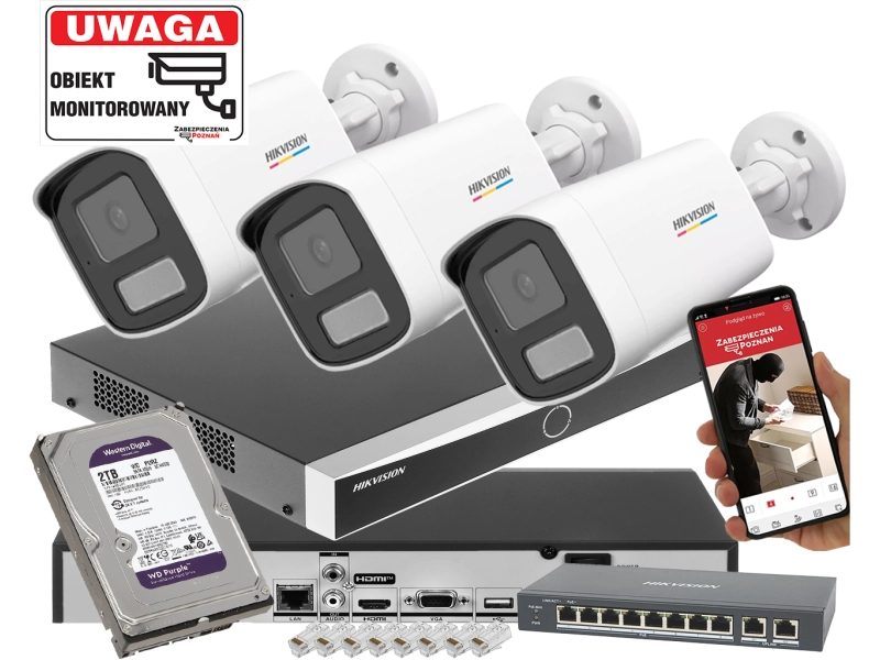Zestaw kamer tubowych IP Hikvision 3x DS-2CD1T67G3-LIU 6Mpx ColorVu, Smart Hybrid Light, Detekcja ruchu MD 3.0