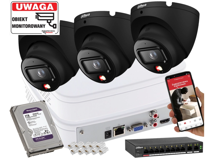 Zestaw 3 kamer IP Dahua IPC-HDW1639T-A-IL-0280B-S6 BLACK 6Mpx SMD człowiek + Smart Dual Light + Full-Color
