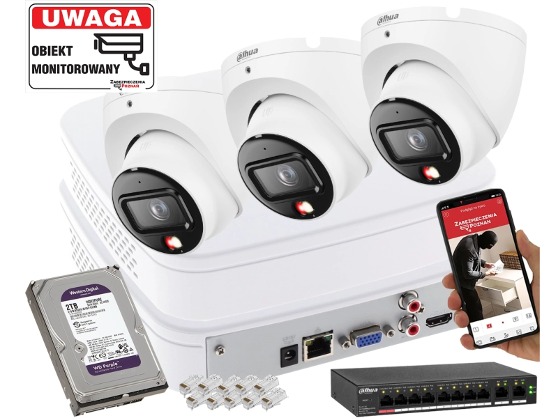 Monitoring podwórka 3 kamera IP Dahua IPC-HDW1639T-A-IL-0280B-S6 6Mpx SMD człowiek + Smart Dual Light + Full-Color