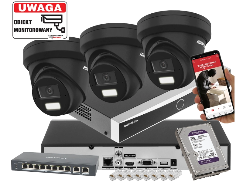 Zestaw 3 kamera kopułowa IP DS-2CD2363G2-LI2U(BLACK) 6Mpx AcuSense Smart Hybrid Light 2-Mikrofony