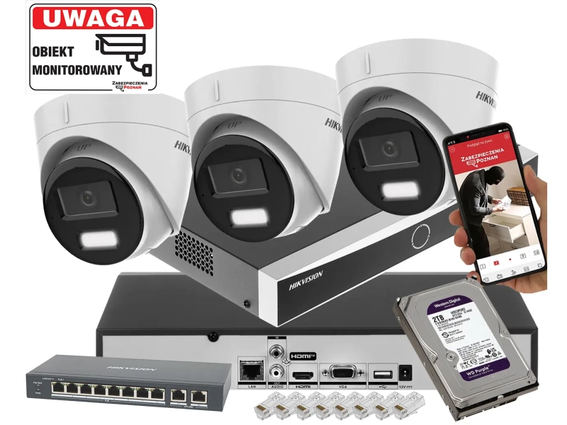 Zestaw 3 kamery IP HIKVISION DS-2CD1343G2-LIU 4MP z rejestratorem DS-7608NXI-K1 Acusense POE 2TB