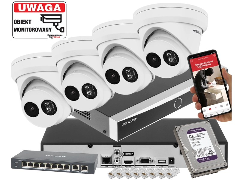 Zestaw 4 kamer do monitoringu Domu Hikvision IP DS-2CD2343G2-IU 4Mpx AcuSense IR30m Mikrofon