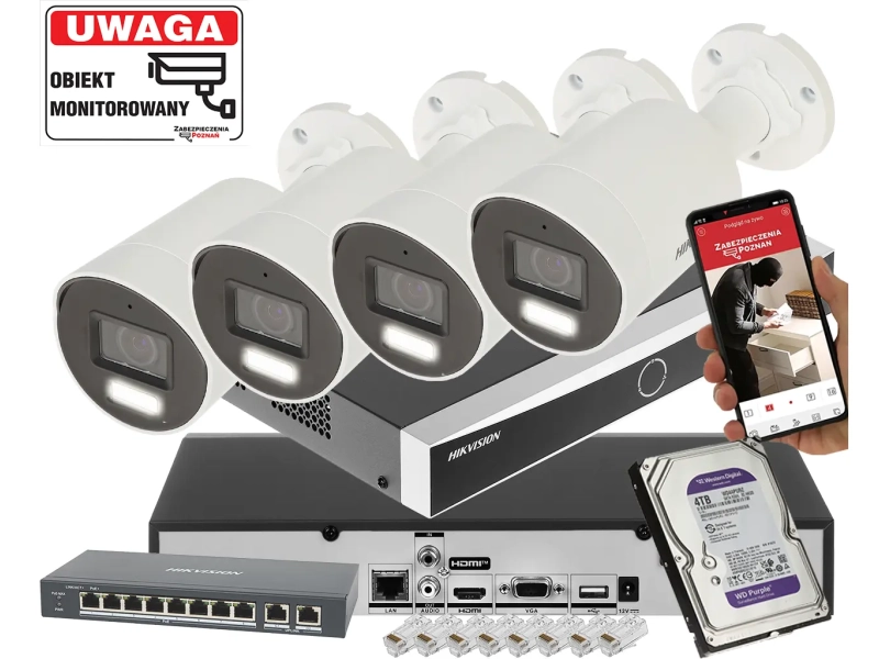 Zestaw monitoringu z alarmem 4 kamery IP Hikvision DS-2CD2067G3-LI2UY/SL 6MPx ColorVu 3.0 Smart Hybrid Light 4TB