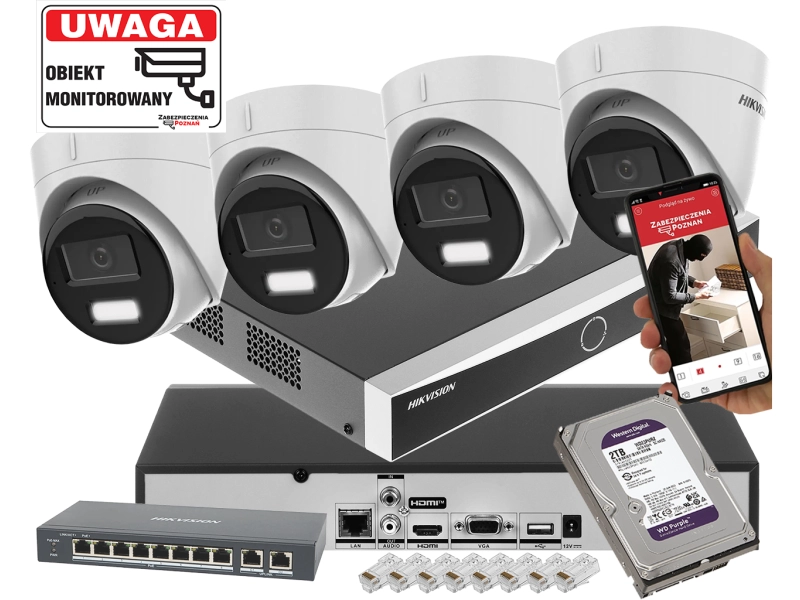 Zestaw monitoringu domu 4x kopułowe kamery IP HIKVISION DS-2CD1363G2-LIU 6MPx z rejestratorem DS-7608NXI-K1 Acusense POE