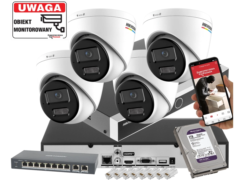 Zestaw monitoringu domu 4x kopułowe kamery IP Hikvision DS-2CD1367G3-LIU 6Mpx ColorVu, Smart Hybrid Light, Detekcja ruchu MD 3.0