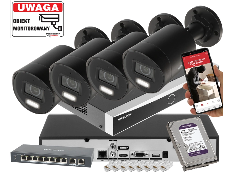 Zestaw 4 kamer IP HIKVISION DS-2CD2083G2-LI2U BLACK 8Mpx Pro Series - Smart Hybrid Light + AcuSense
