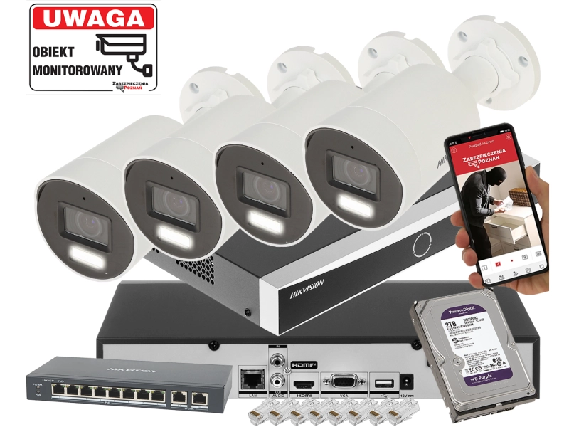 Zestaw monitoringu z alarmem 4 kamery IP Hikvision DS-2CD2087G3-LI2UY/SL 8MPx ColorVu 3.0 Smart Hybrid Light 2TB