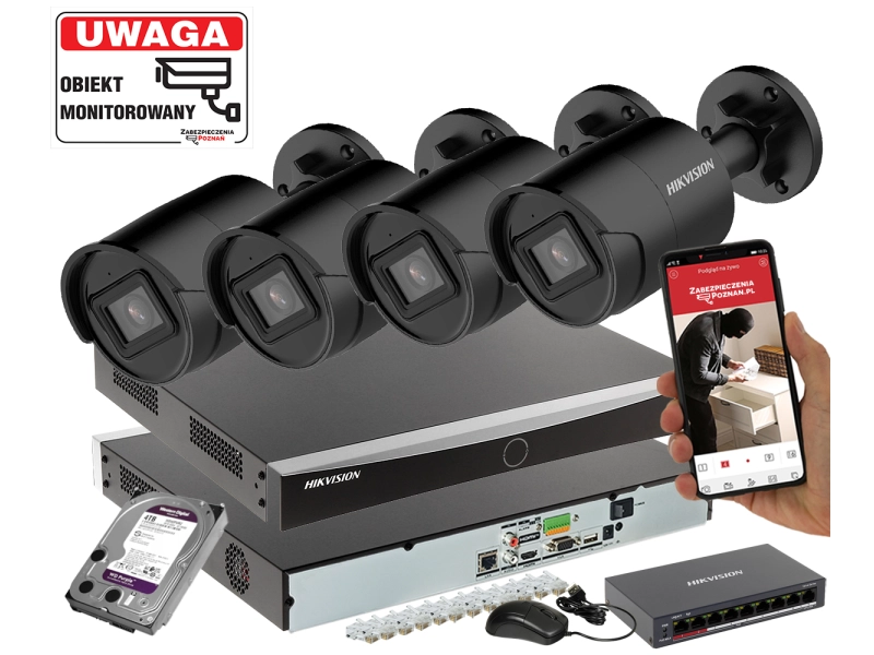 Zestaw 4 kamer IP HIKVISION DS-2CD2043G2-IU 4Mpx Pełna Analityka Acusense + Switch PoE