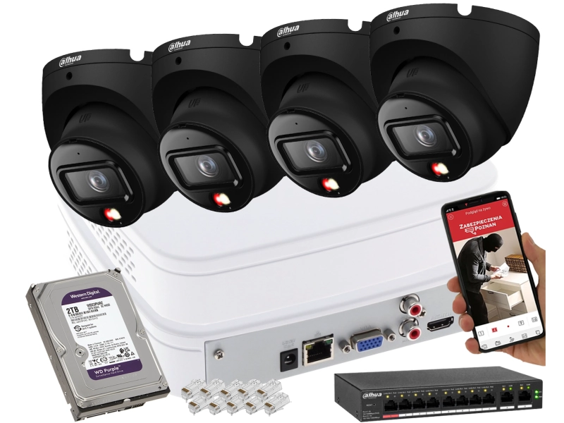 Zestaw monitoringu Domu 4 kamera kopułowa IP 6MPx Dahua IPC-HDW1639T-A-IL-0280B-S6 SMD człowiek + Smart Dual Light + Full-Color
