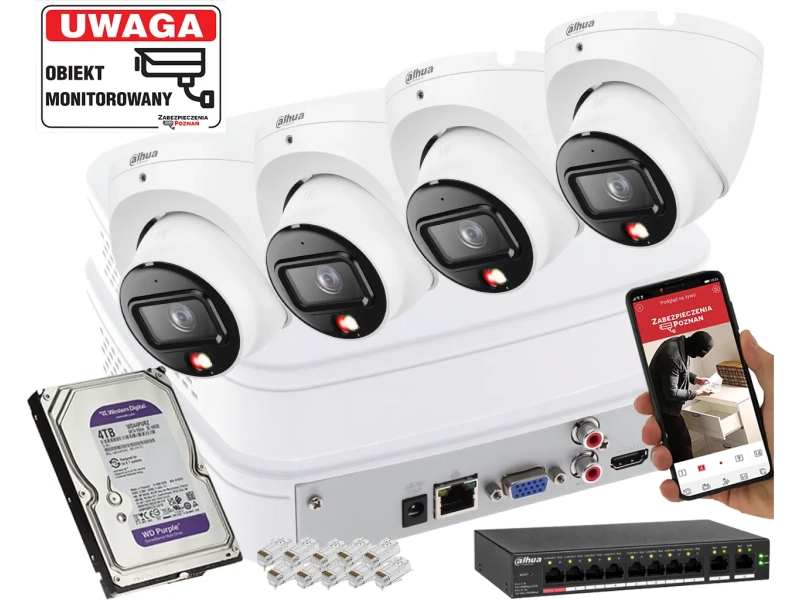 Zestaw 4 kamera kopułowa IP 6MPx Dahua IPC-HDW1639T-A-IL-0280B-S6 rejestrator SMD człowiek + Smart Dual Light + Full-Color + 4TB