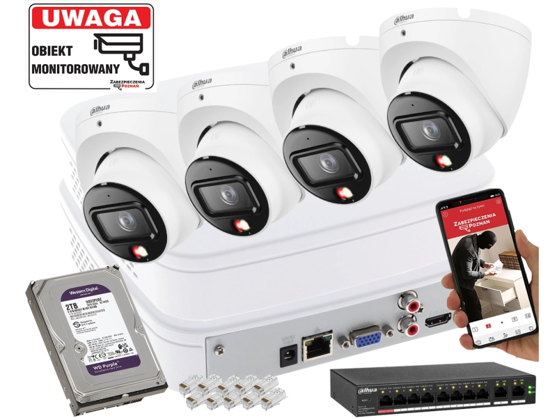 Zestaw monitoringu Domu 4 kamera kopułowa IP 6MPx Dahua IPC-HDW1639T-A-IL-0280B-S6 SMD człowiek + Smart Dual Light + Full-Color