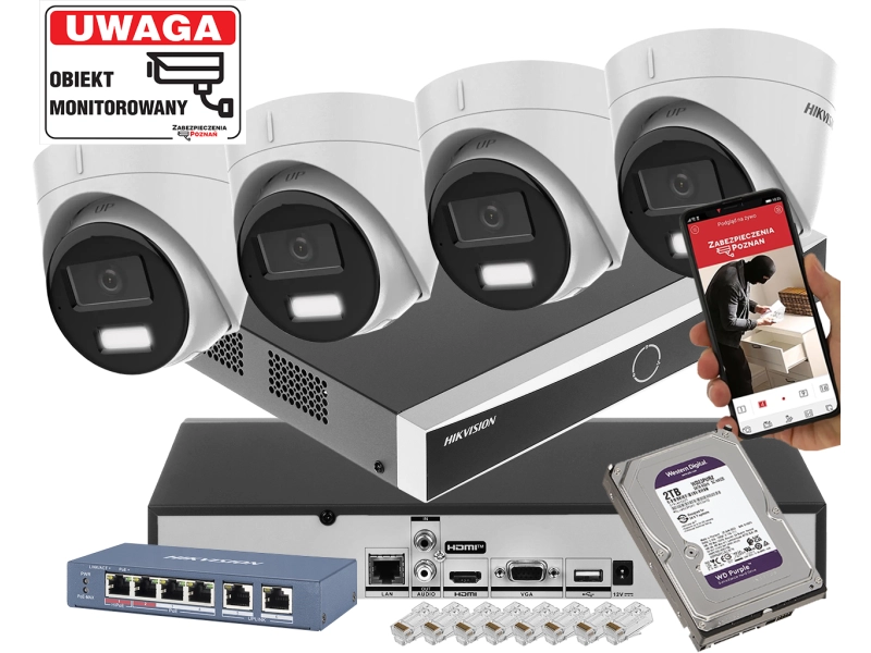 Zestaw monitoringu domu 4x kopułowe kamery IP HIKVISION DS-2CD1361G2-LIU 6MPx z rejestratorem DS-7604NXI-K1 Acusense POE