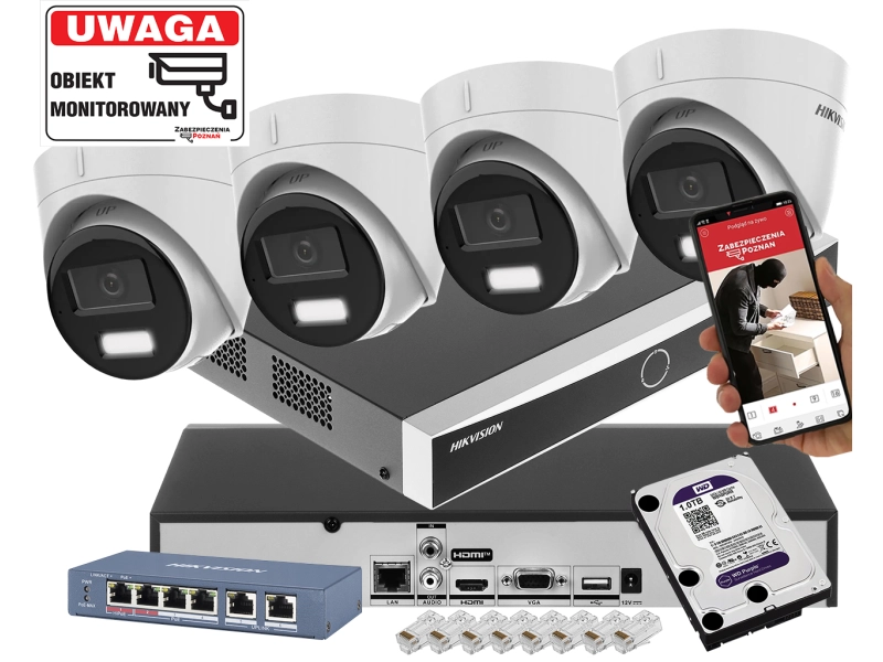 Zestaw monitoringu domu 4x kopułowe kamery IP HIKVISION DS-2CD1361G2-LIU 6MPx z rejestratorem DS-7604NXI-K1 Acusense POE 1TB